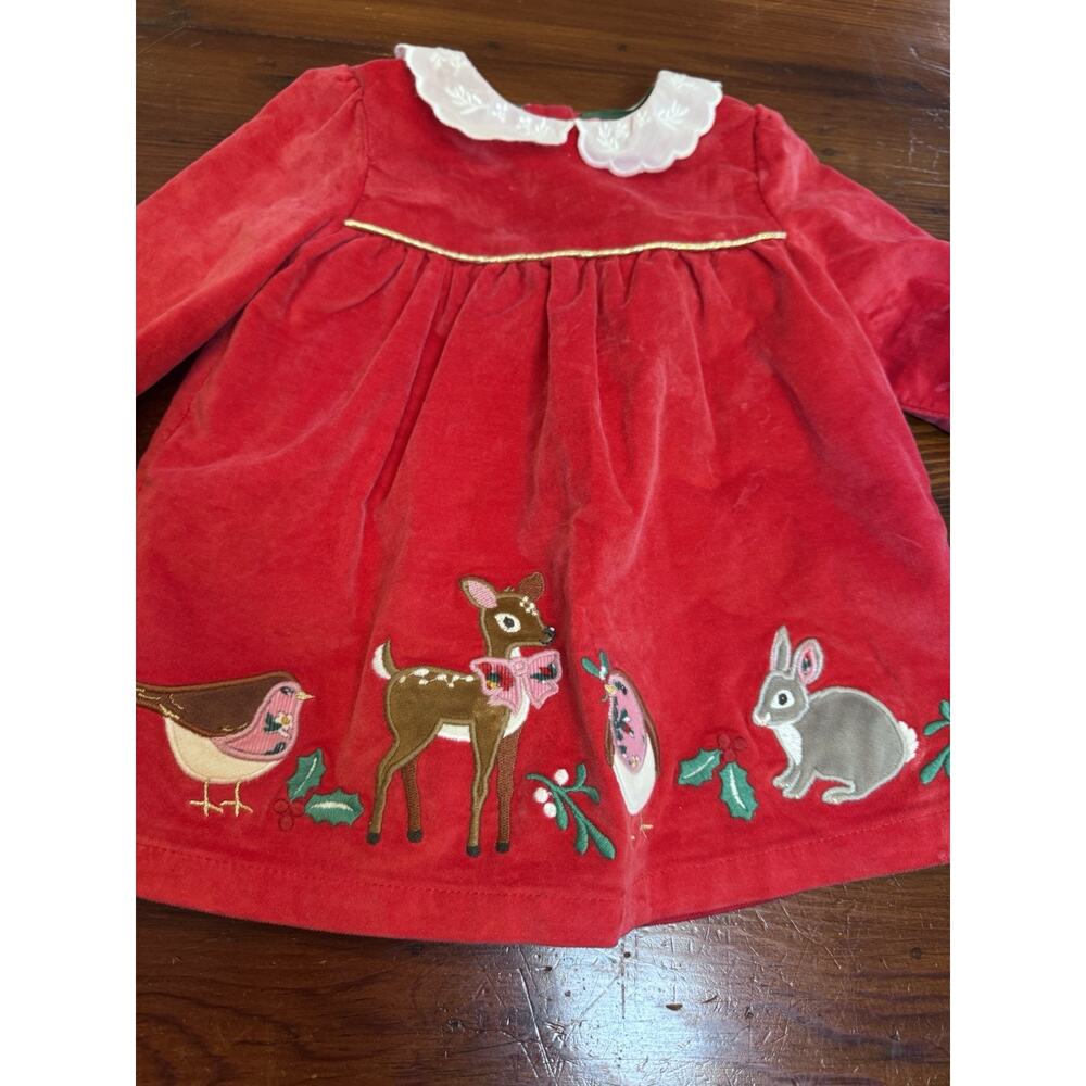 Mini Boden Appliqué Velvet Dress Poppy Red Size 0-3 Months Lined Lace Collar - Picture 4 of 11